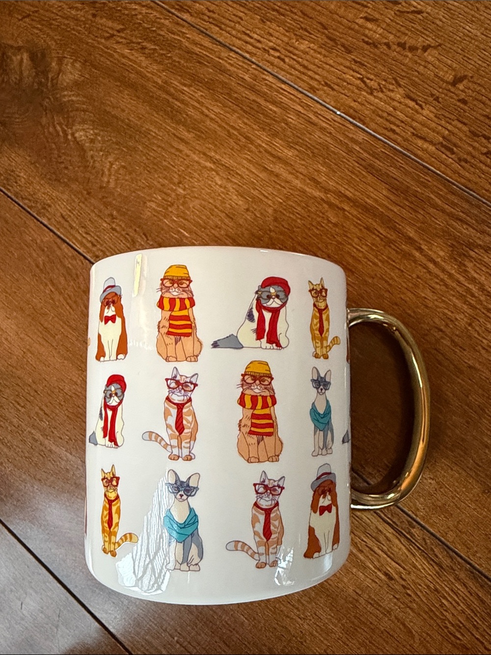 T.J.Maxx White Ceramic Cat Mug with Gold Handle and Multicolor Accents